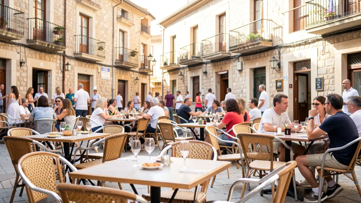 Scene of a music event in a square in l'Hospitalet de l'Infant with outdoor tables.