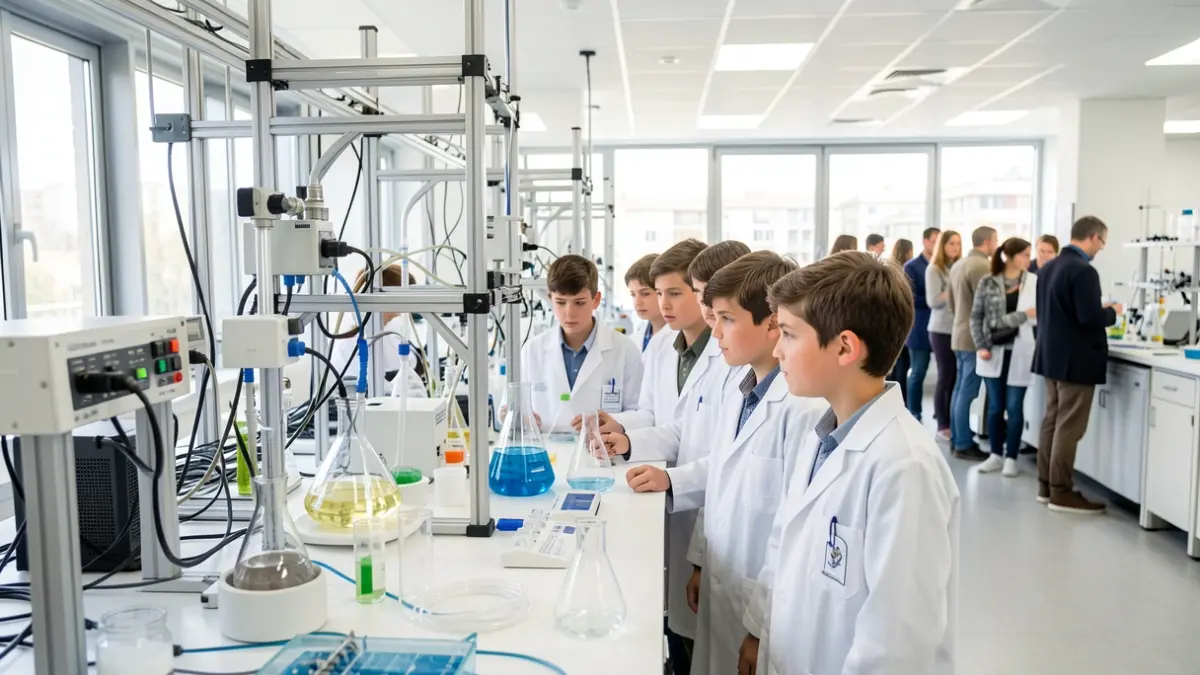 Estudiants de secundària i batxillerat observant equipament científic en un laboratori de bioenginyeria.
