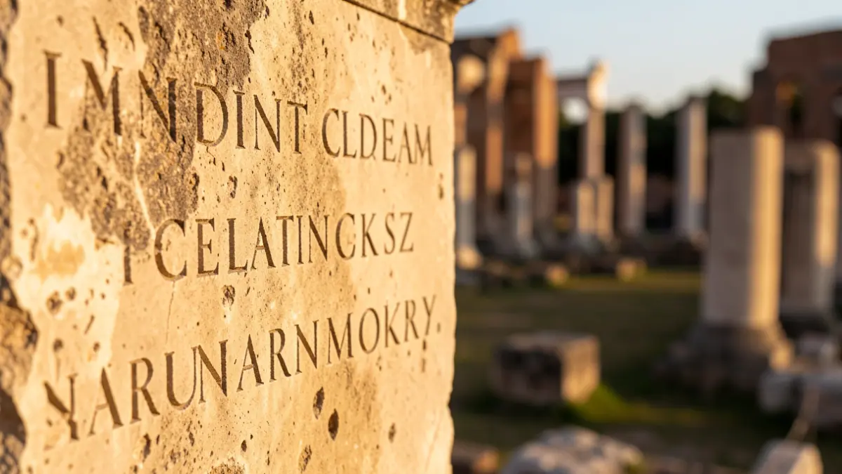 Detail of ancient Roman inscriptions on stone with Mediterranean light.