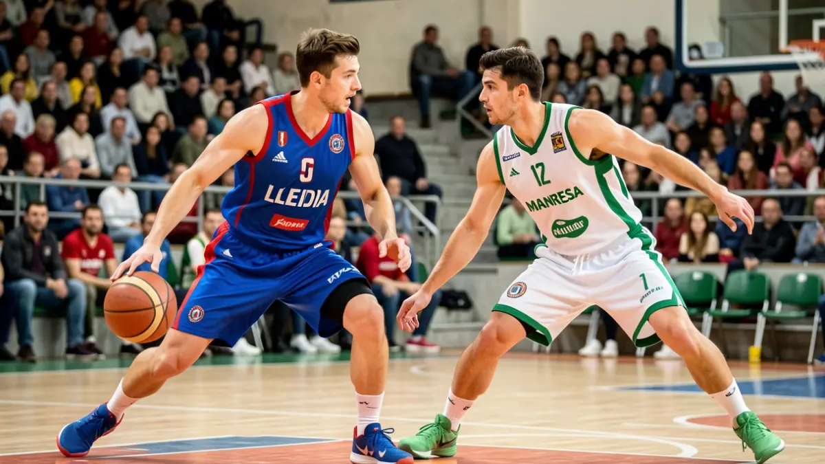 Jugadors de bàsquet de l'iLerna Lleida i el Kids&Us Manresa disputant un partit.