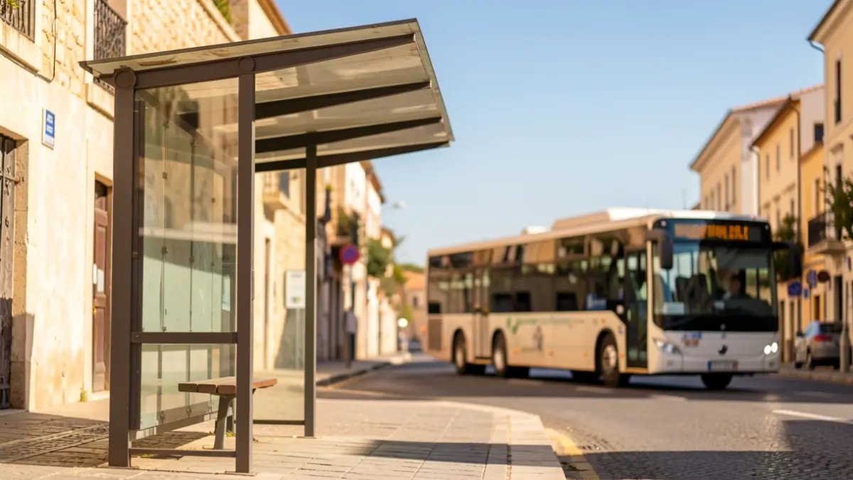 Bus stop in Tarragona with a bus in the background.