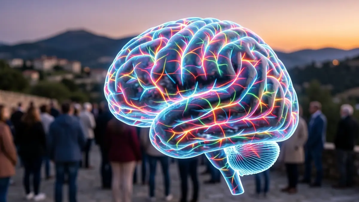 Ilustración de un cerebro con conexiones neuronales brillantes sobre un paisaje catalán al atardecer.