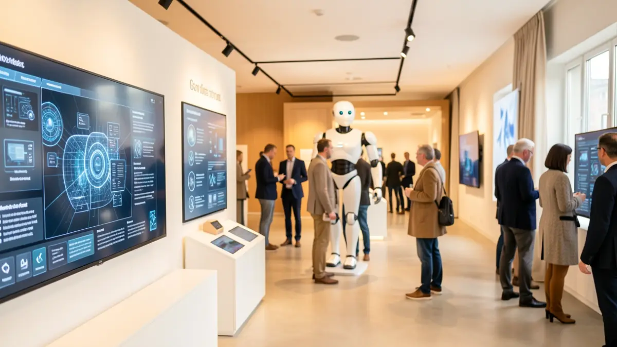 Generic image of a technology innovation space with screens and a robot.