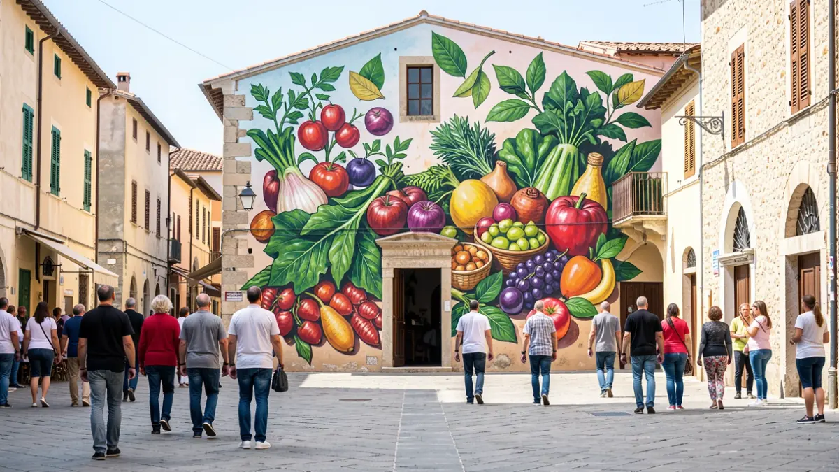 Street art mural in Lleida featuring nature and local produce elements.