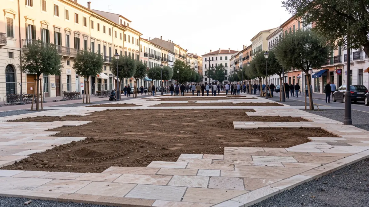 Obras de urbanización en un espacio público urbano.