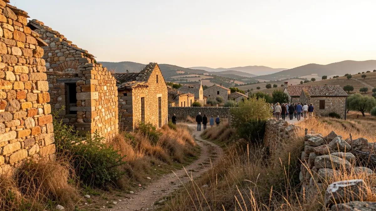 Generic image of an abandoned village with stone structures in a rural setting.