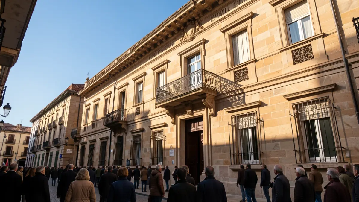 Imagen genérica de la fachada de un ayuntamiento de Catalunya con balcón y barandillas de hierro, luz cálida de tarde y cielo azul.