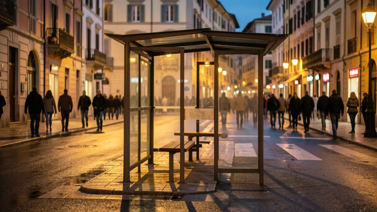 Generic image of an empty bus stop at dusk.