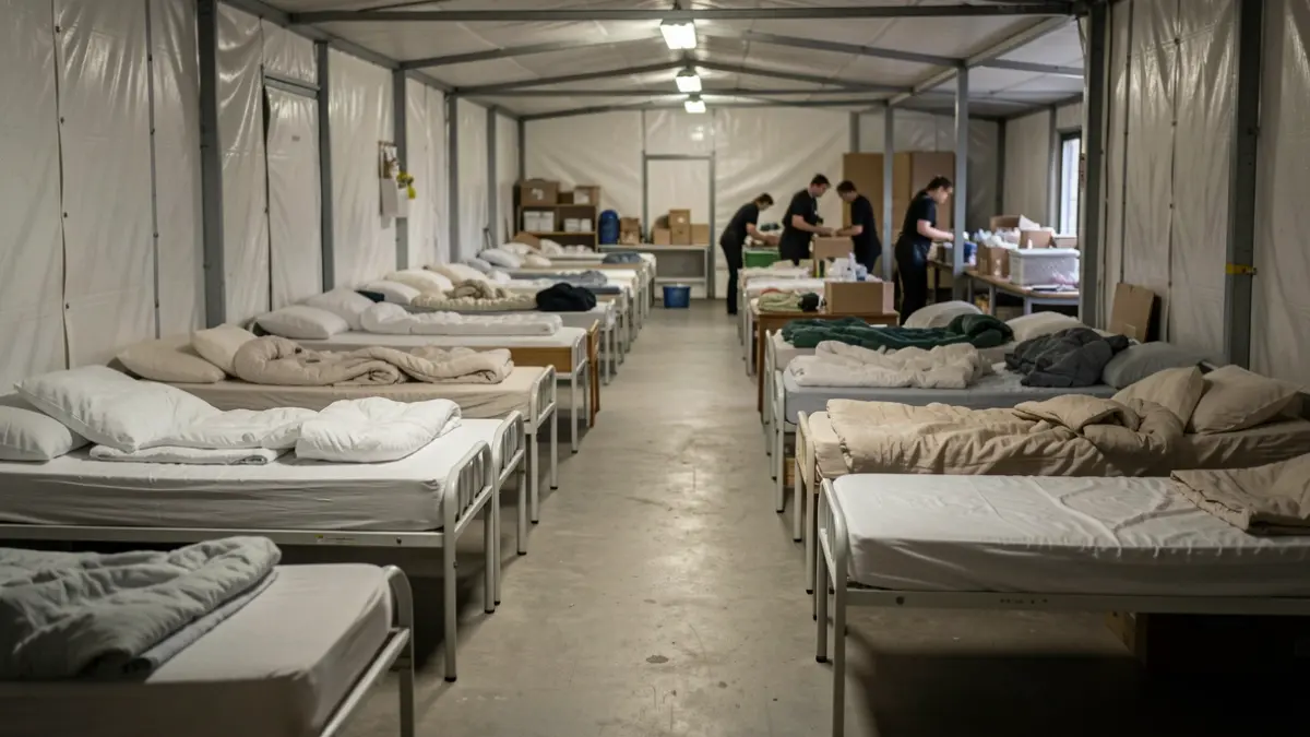 Imatge genèrica d'un allotjament temporal amb llits i personal organitzant.