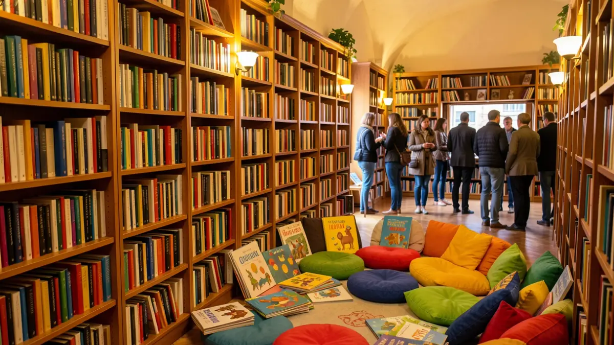 Interior d'una biblioteca amb prestatgeries plenes de llibres i una zona infantil.