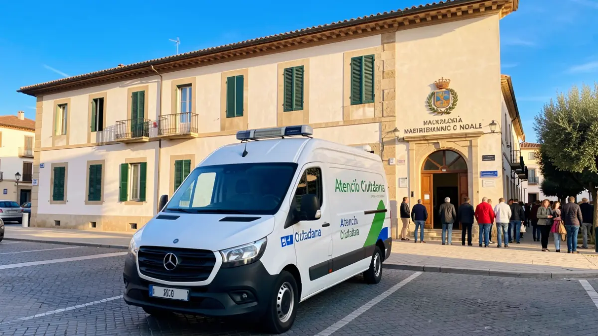 Oficina mòbil de la Generalitat davant la Casa de la Vila de l'Hospitalet de l'Infant.