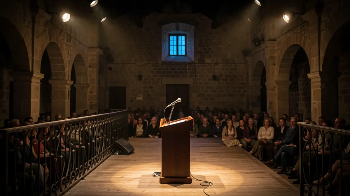 Generic image of an empty stage in a Catalan town hall.