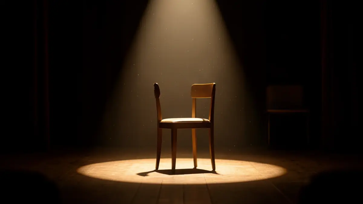 Escena d'un teatre amb una cadira il·luminada per un focus.