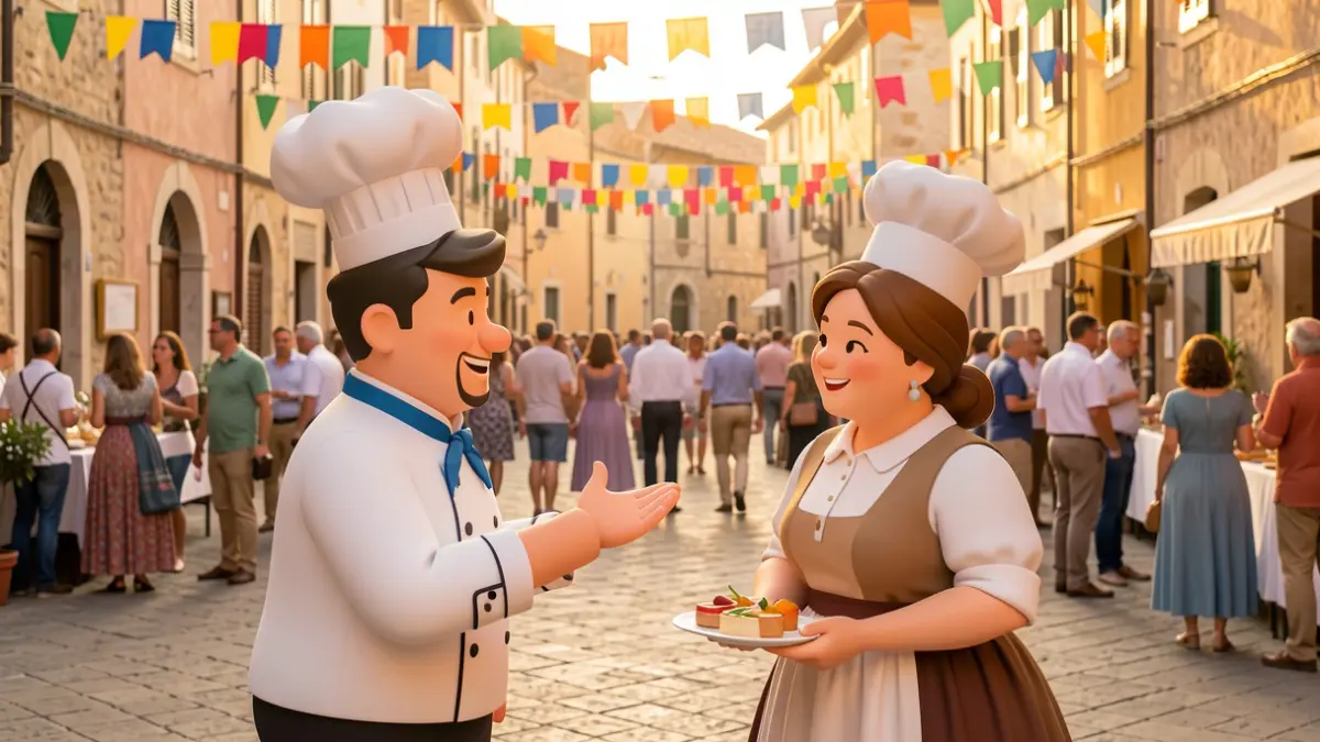 Scene of a modernist festival in Canet with chef and farmer characters.