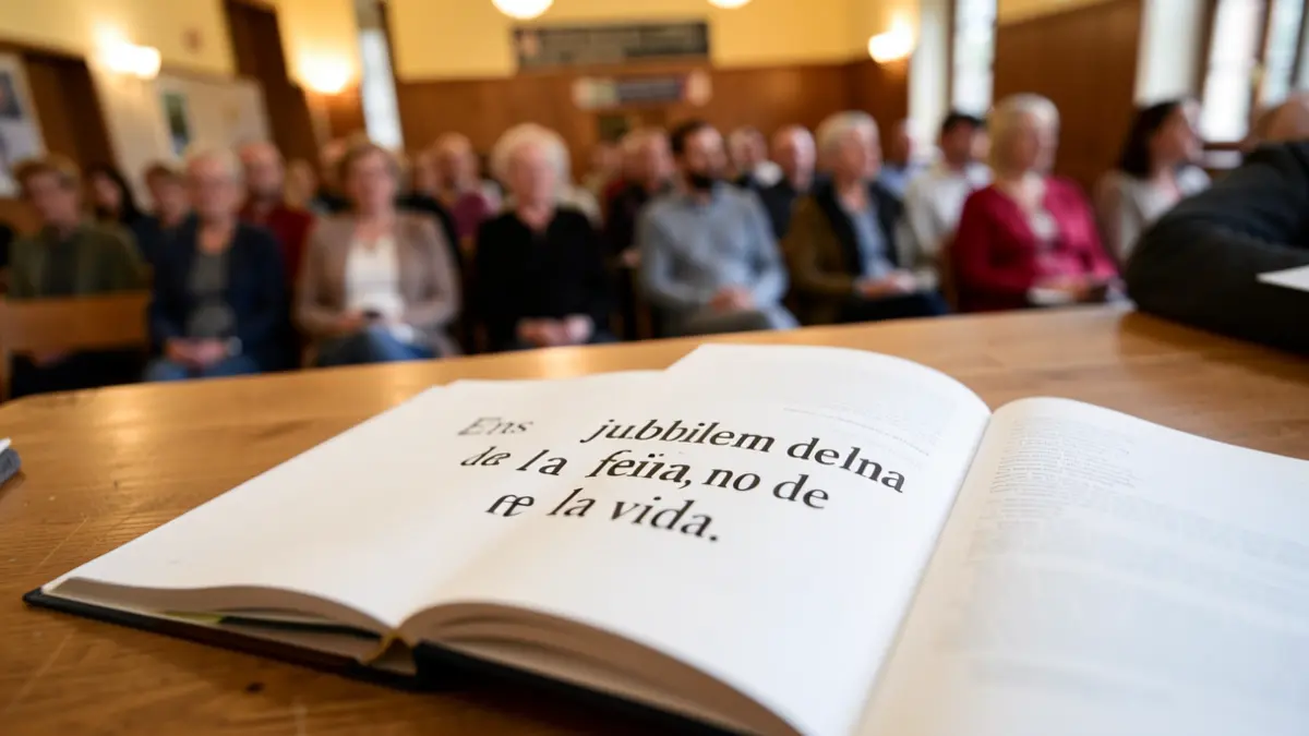 Imatge d'un llibre obert amb el títol 'Ens jubilem de la feina, no de la vida' sobre una taula.