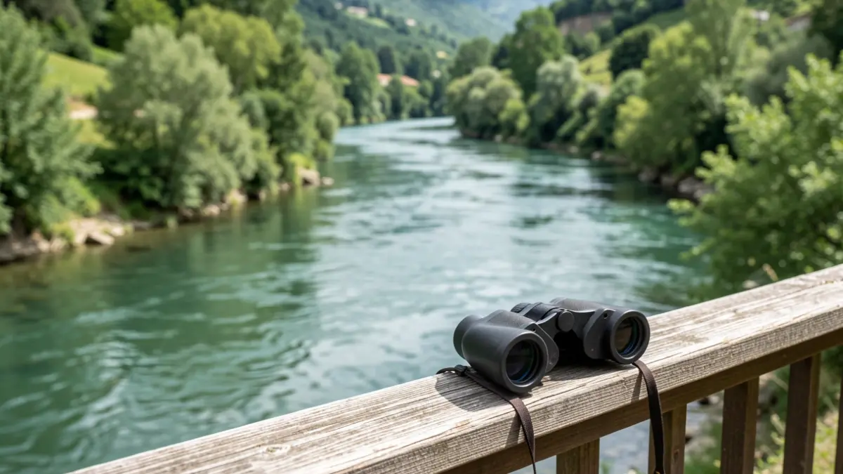 View of the Ter river with binoculars for birdwatching.
