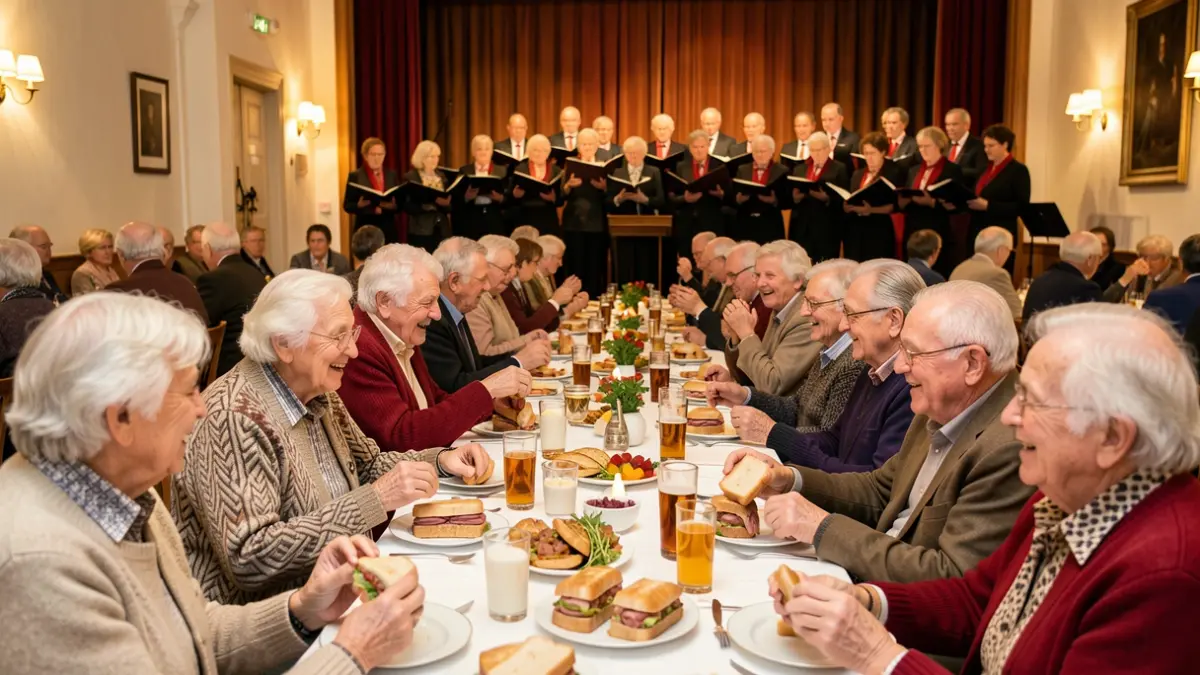 Generic image of a celebration for elderly people with snacks and a concert.