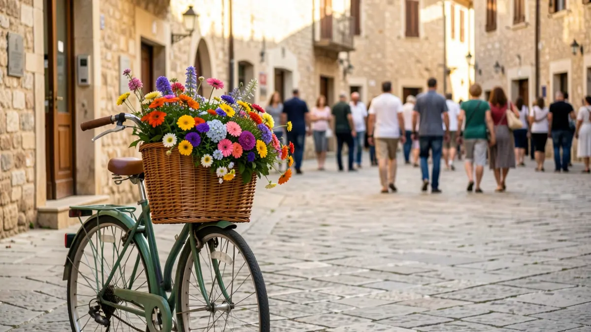 Bicicleta amb flors aparcada en un carrer de Manlleu durant la Setmana Europea de la Mobilitat.