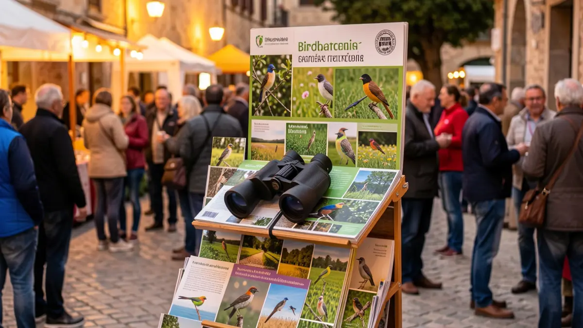 Un estand promocional de turisme ornitològic a Catalunya amb imatges de natura i binocles.
