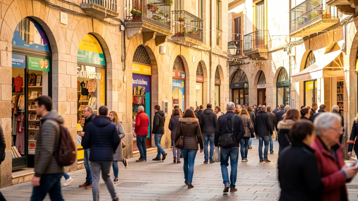 Escena de una calle comercial en Manlleu decorada para la campaña 'La Comerciada'.