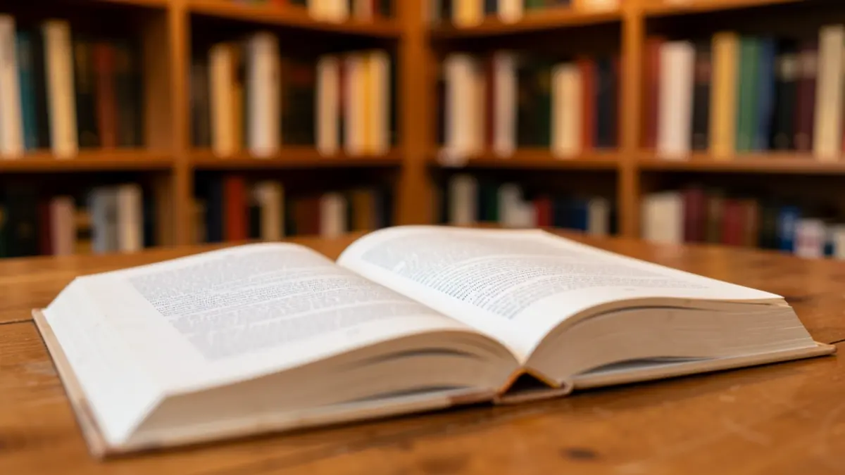 Imagen de un libro abierto sobre una mesa con estanterías de biblioteca al fondo.