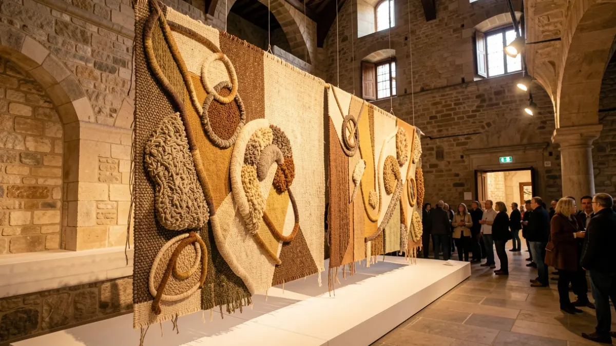 Instal·lació d'art tèxtil contemporani en un edifici històric de pedra.