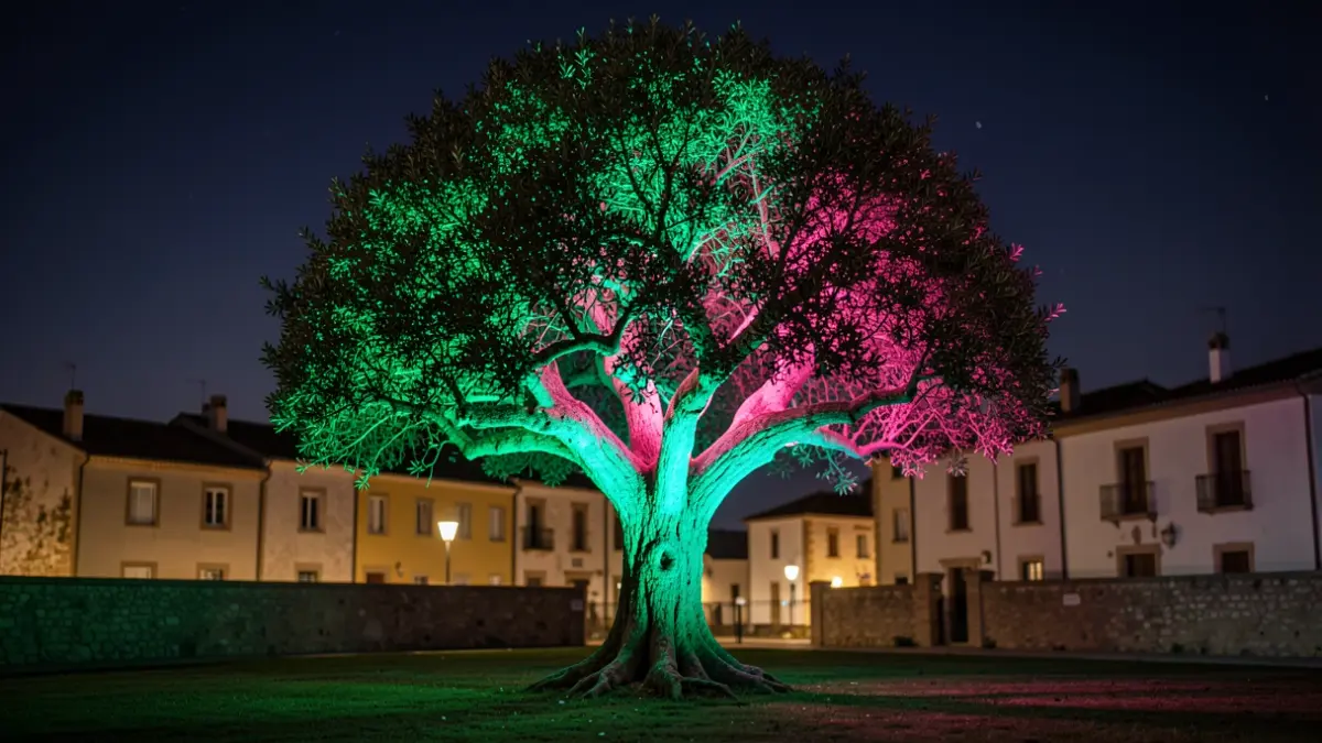 El Lledoner de Can Puig il·luminat amb llums de colors per commemorar dies mundials.