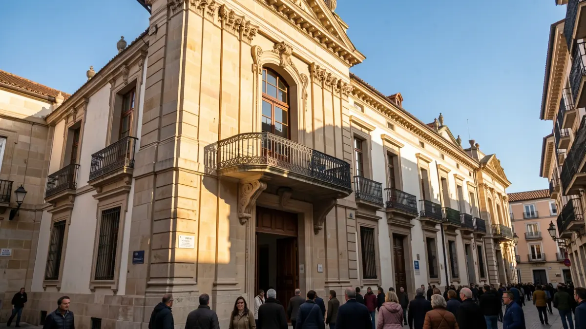 Generic image of a Catalunya town hall facade with balcony and iron railings, warm afternoon light, and blue sky.