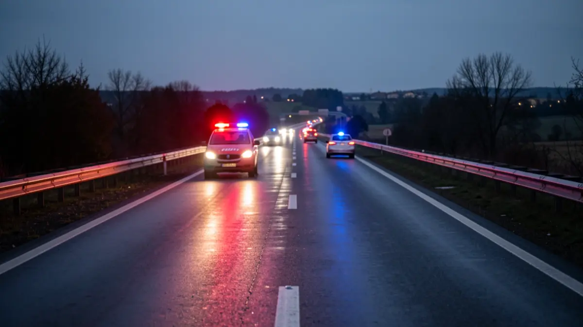 Generic image of emergency lights reflecting on a wet road at night.