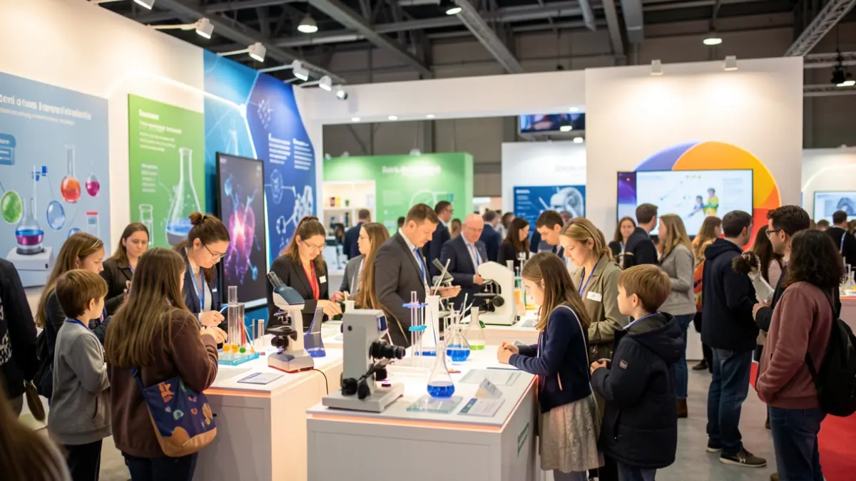 Imatge genèrica d'una fira de ciència amb participants interactuant amb els estands.