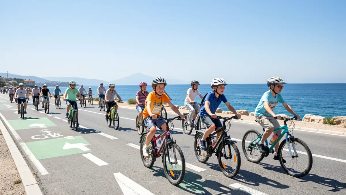Children cycling on a coastal bike lane.