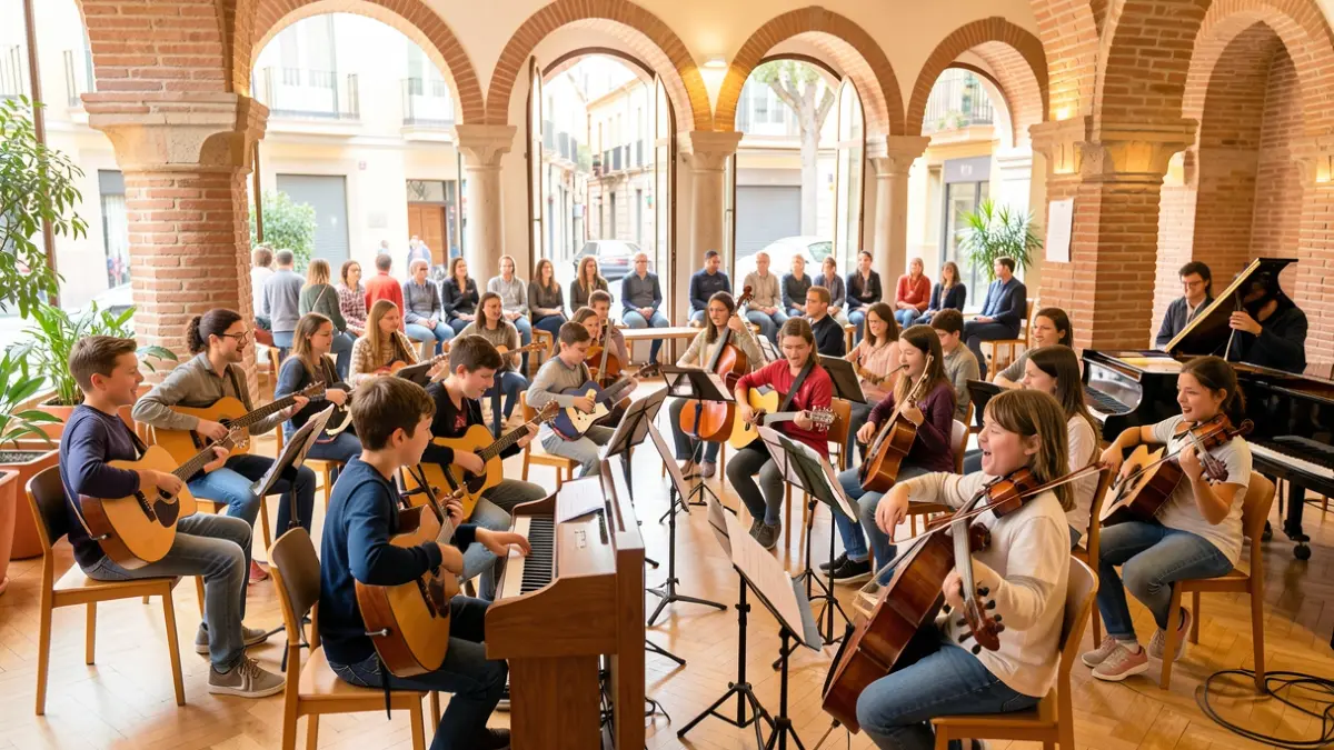 Generic image of a municipal music education center in Barcelona with students learning music.