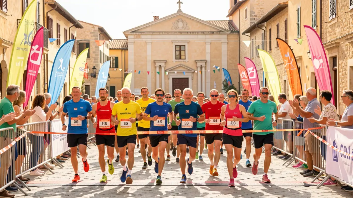 Generic image of runners crossing a finish line in a Mediterranean town square.