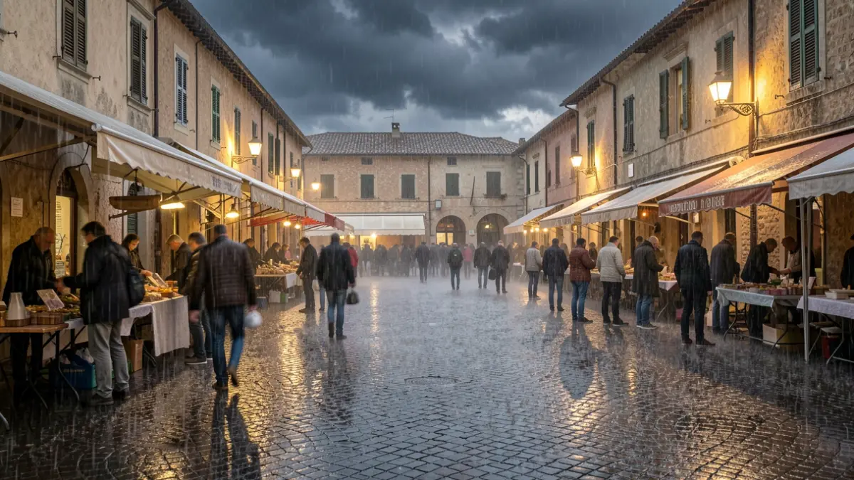Generic image of heavy rain in a Mediterranean town square.