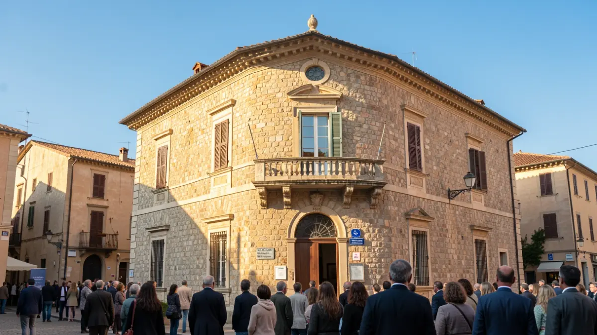 Generic image of a stone town hall facade with a balcony.