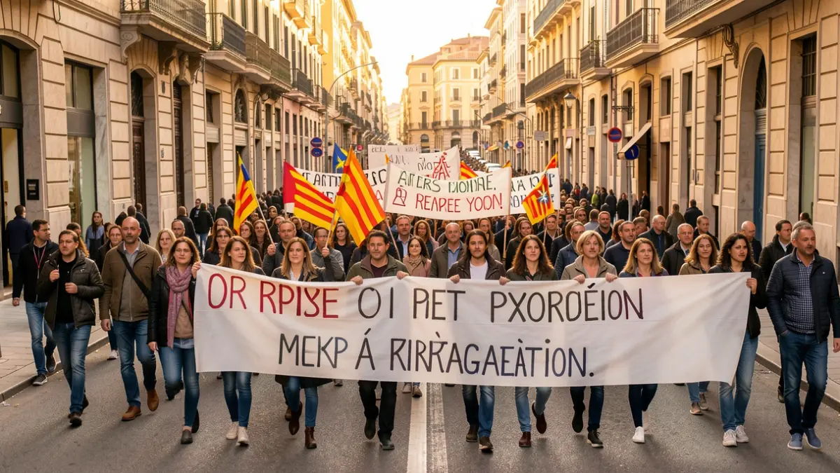 Manifestació a Barcelona contra l'ampliació de l'aeroport del Prat amb pancartes i lemes.