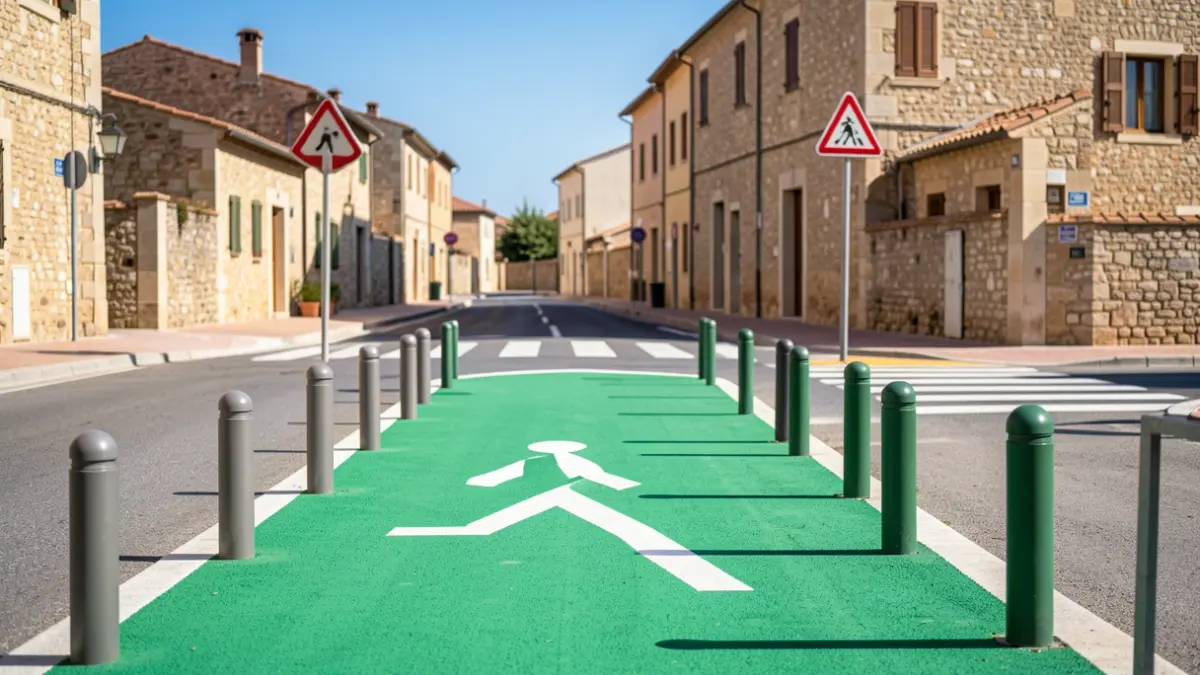 Camino escolar pintado de verde con pilonas y señalización de zona escolar en Seròs.