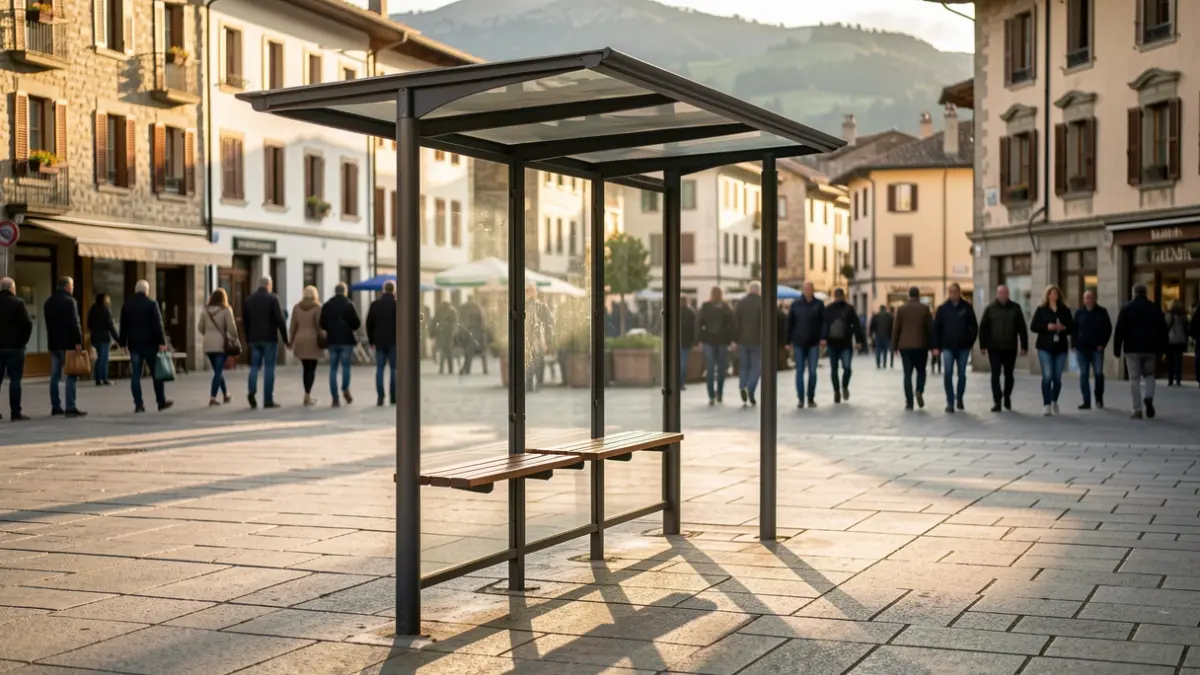 Parada de autobús vacía en un pueblo del Alt Urgell con luz de tarde.