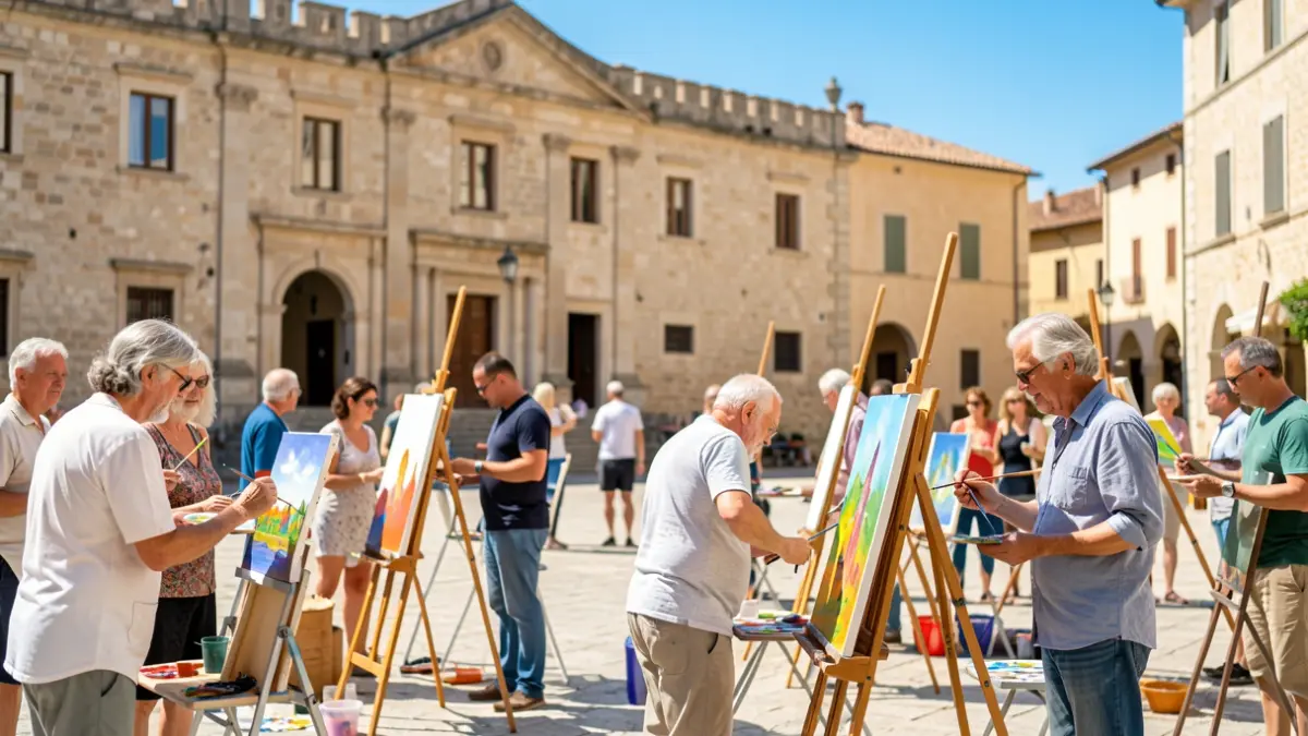 Artistes pintant a la plaça de Mollerussa durant el concurs de pintura ràpida.