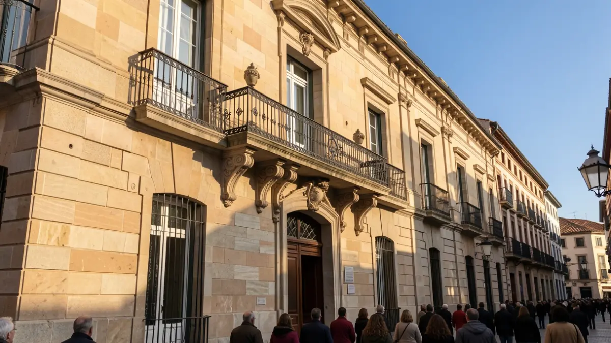 Generic image of a Catalunya town hall facade with balcony and iron railings, warm afternoon light, and blue sky.