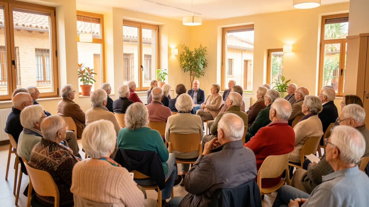 Elderly people attending an activities presentation in a community center.