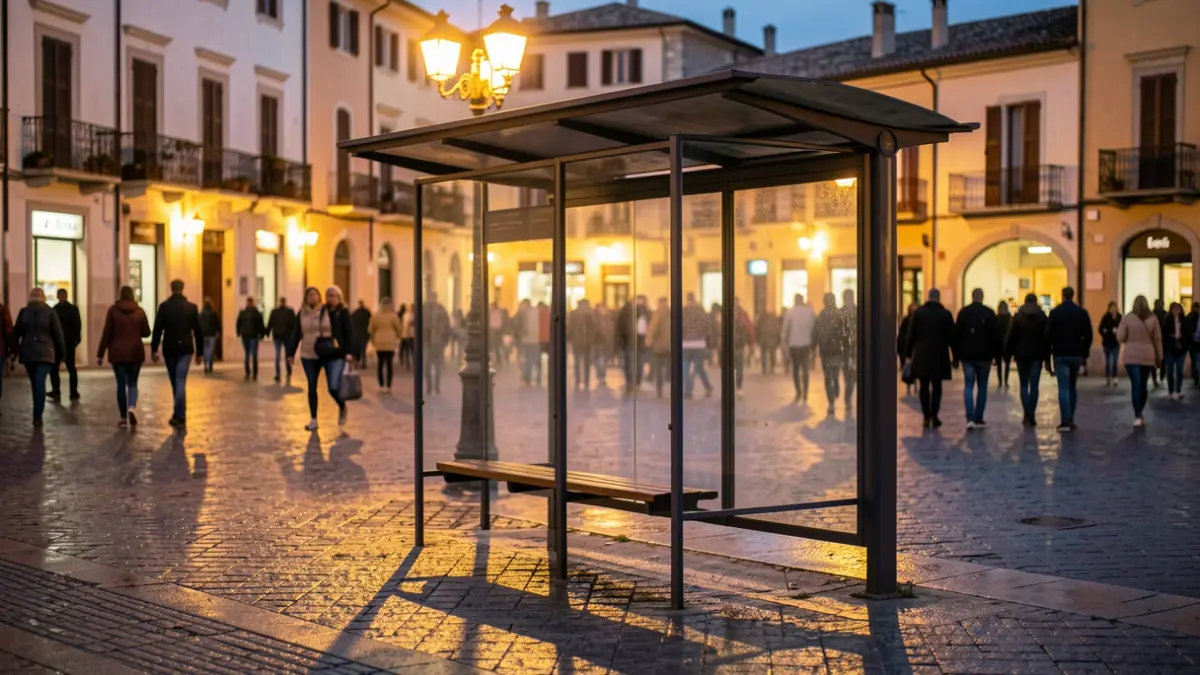 Generic image of an empty bus stop at dusk.
