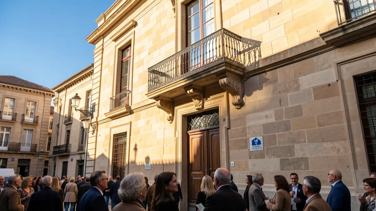 Generic image of a Catalunya town hall facade with a balcony and iron railings, warm afternoon light, and blue sky.