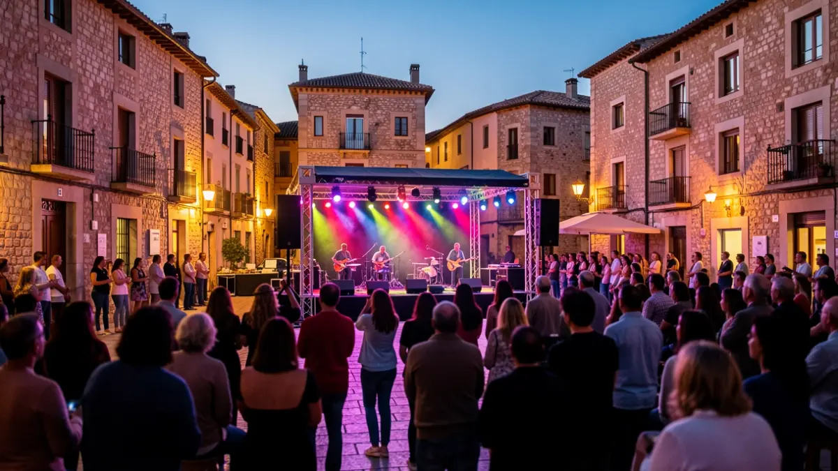 Escenari exterior il·luminat al vespre en una plaça de Montgat durant la Tardor Cultural.