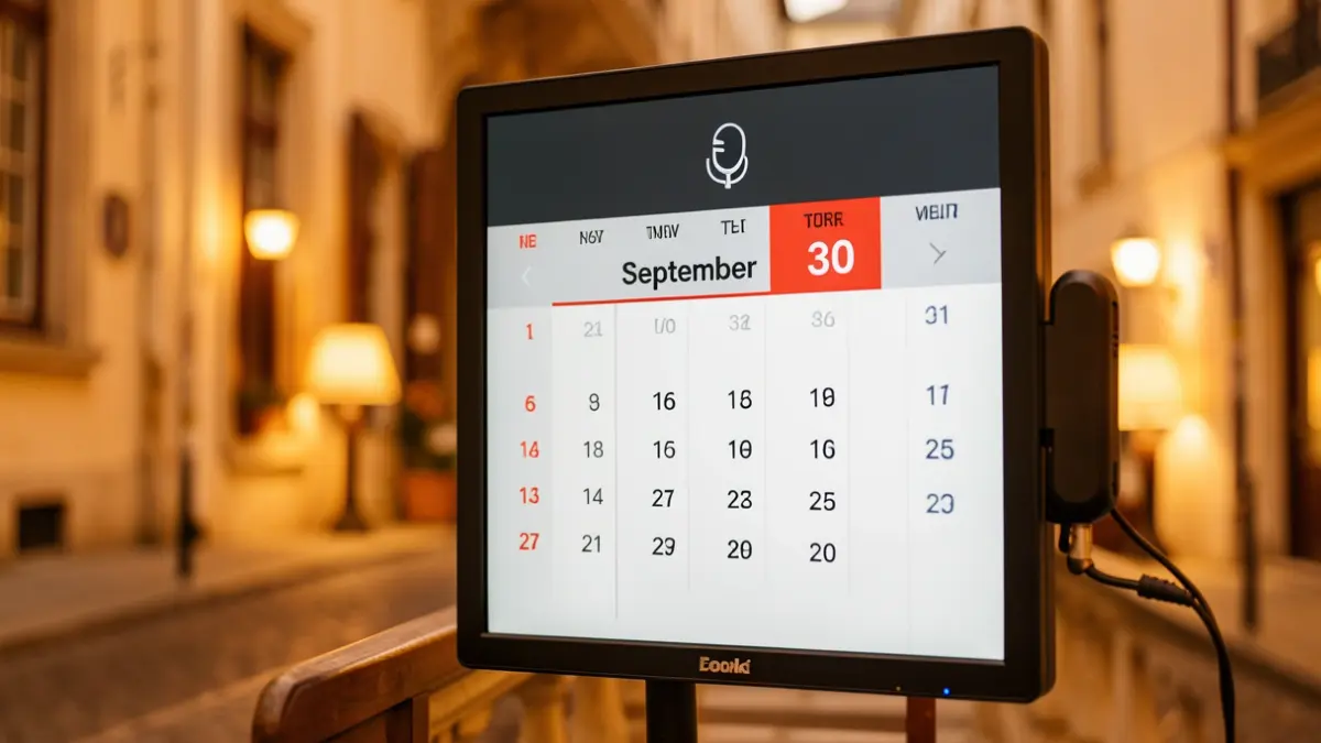 Digital screen showing a calendar and a microphone.
