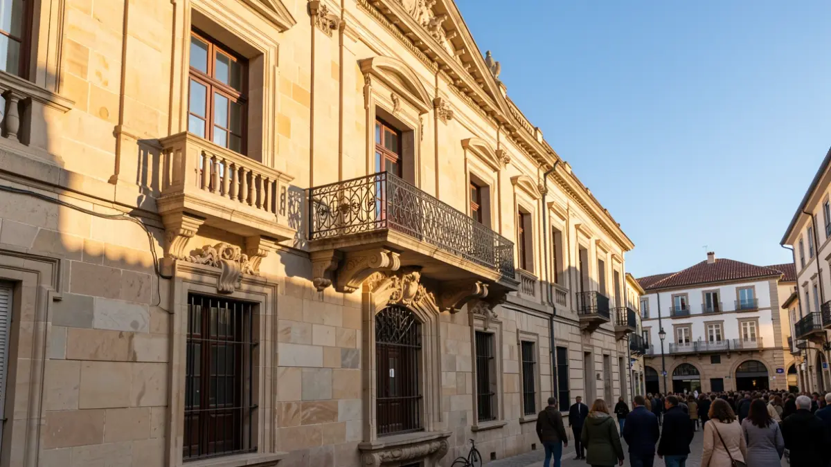 Generic image of a Catalunya town hall facade with balcony and iron railings, warm afternoon light, and blue sky.