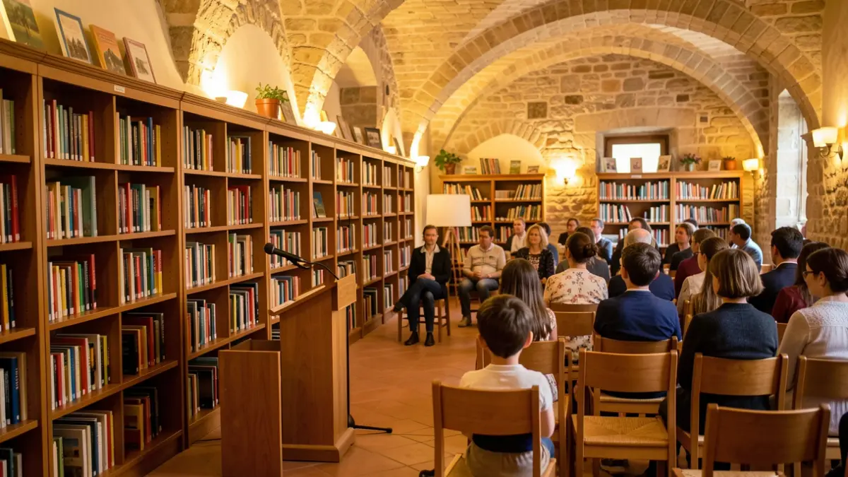 Interior of a cozy library with bookshelves full of books and a podium.