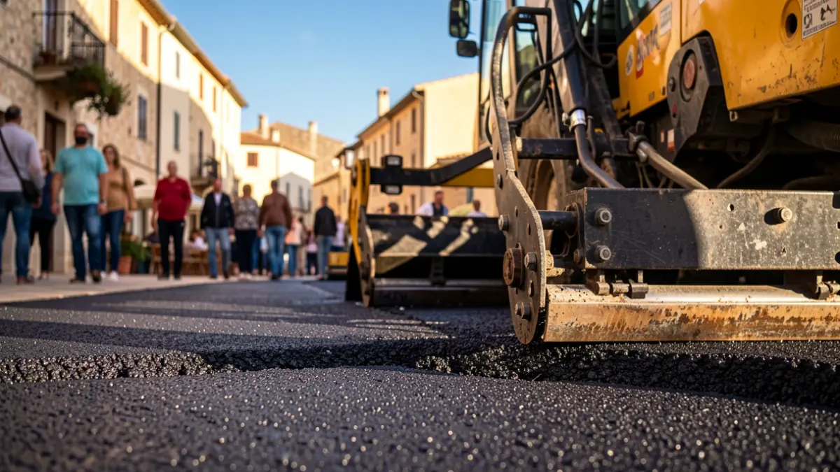 Equipo de pavimentación trabajando en una calle de Navarcles.