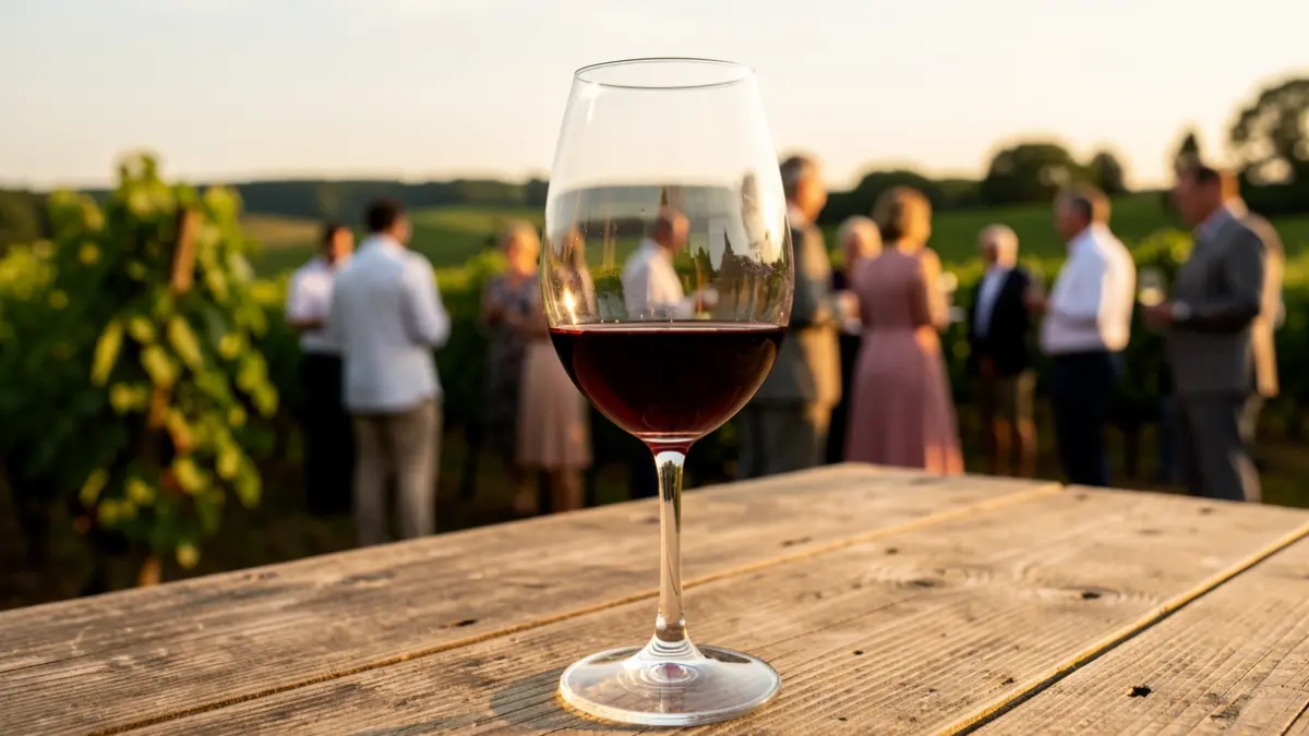 Copa de vino tinto en primer plano con viñedos desenfocados al fondo.