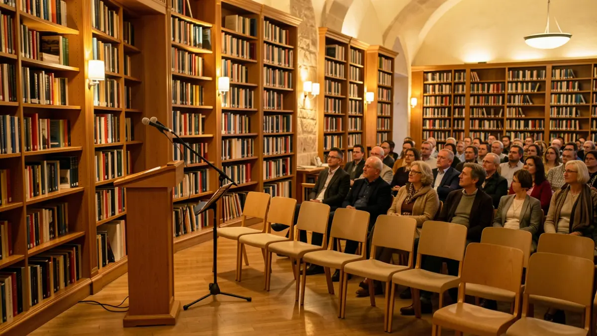 Imagen genérica de una biblioteca con un atril y sillas preparadas para un club de lectura.